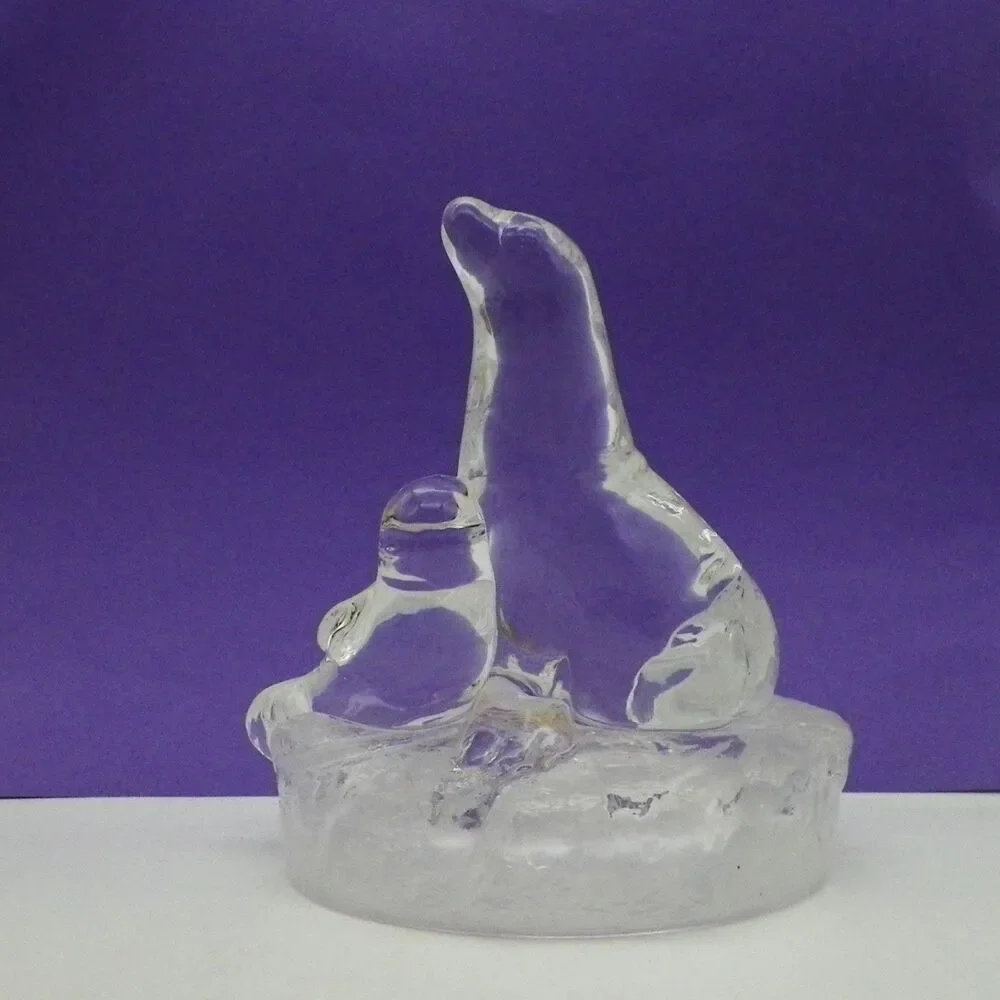 Seals Glass Sculpture Adult & Pup RCR Italian Royal Crystal Rock